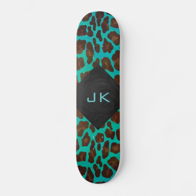Monogram Teal and Brown Leopard Skateboard (Front)