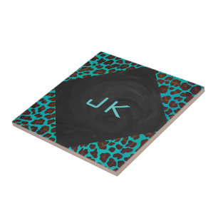 Monogram Teal and Brown Leopard Tile