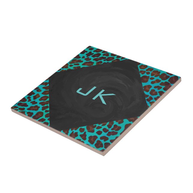 Monogram Teal and Brown Leopard Tile (Side)