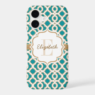 Monogram Teal and Gold Quatrefoil