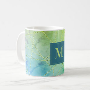 Monogram Teal and Green Faux Glitter Geometric Coffee Mug