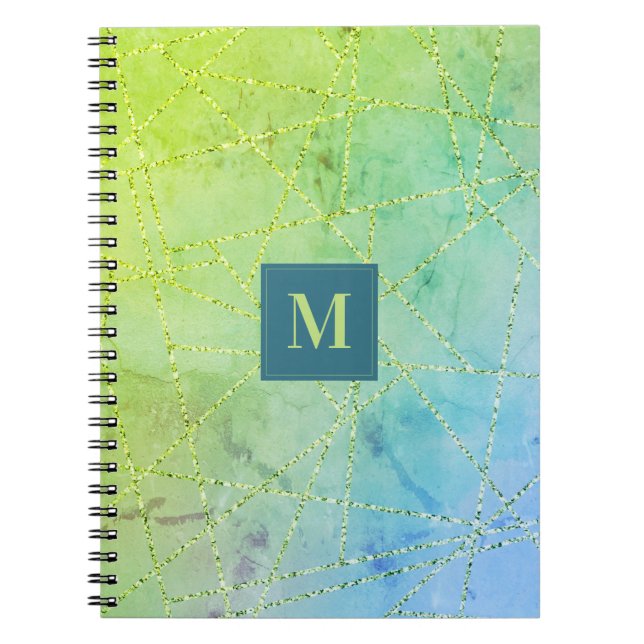 Monogram Teal and Lime Green Glitter Geometric Notebook (Front)