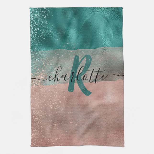 Monogram Teal and Soft Blush Pink Ombre Foil Tea Towel (Vertical)