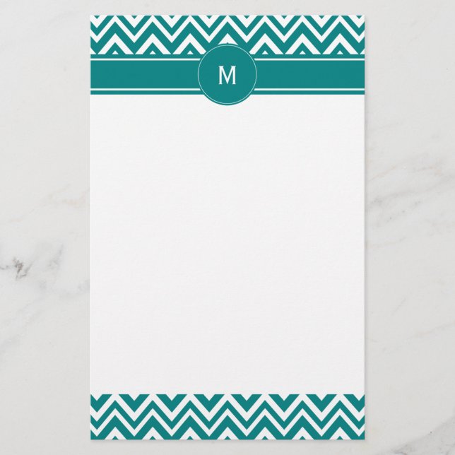 Monogram Teal and White Chevron Pattern Stationery (Front)