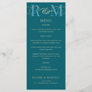 Monogram Teal Aqua Turquoise Elegant Wedding Menu