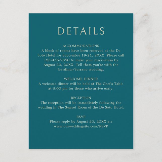 Monogram Teal Aqua Turquoise Wedding Details Enclosure Card (Front)