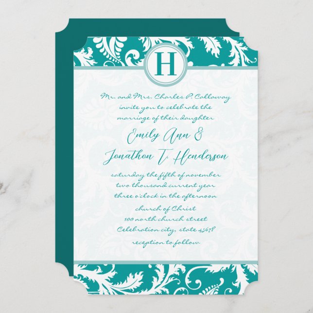 Monogram Teal Aqua Vintage Damask Wedding Invite (Front/Back)