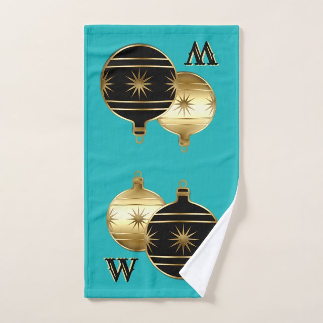 Monogram Teal Black and Gold Christmas Hand Towel (Hand Towel)