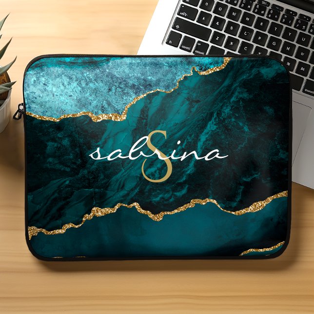 Monogram Teal Blue Gold Agate Geode Laptop Sleeve (Creator Uploaded)