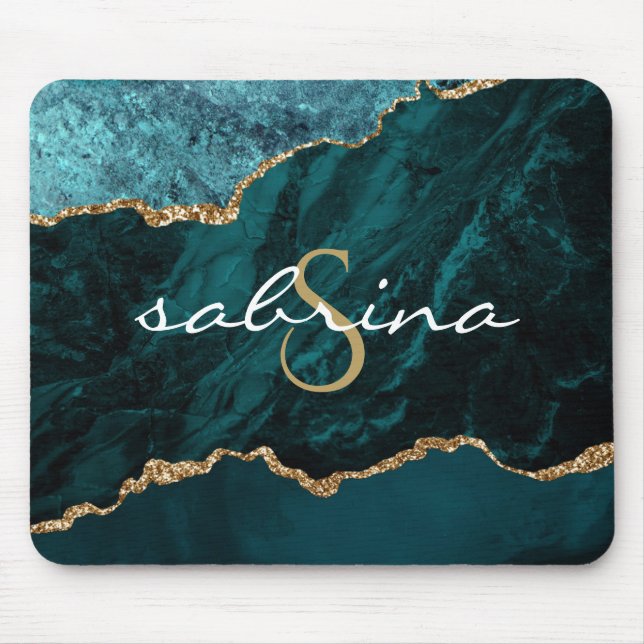 Monogram Teal Blue Gold Agate Geode Mouse Pad (Front)