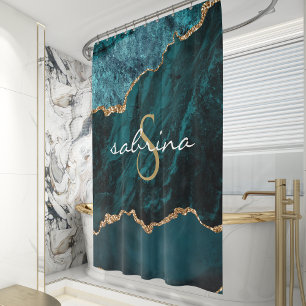 Monogram Teal Blue Gold Agate Geode Shower Curtain