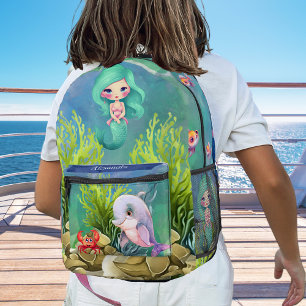 Monogram Teal Blue Mermaid Dolphin Sea Ocean Theme Printed Backpack