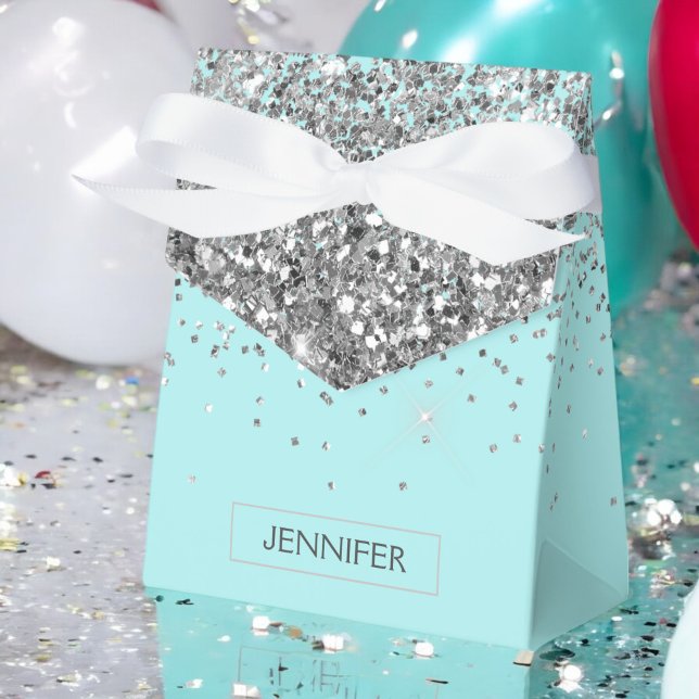 Monogram Teal Blue Silver Glam Glitter Name Favour Box (Creator Uploaded)