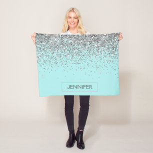 Monogram Teal Blue Silver Glam Glitter Name Fleece Blanket