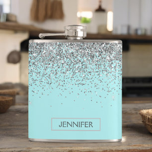 Monogram Teal Blue Silver Glam Glitter Name Hip Flask