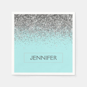 Monogram Teal Blue Silver Glam Glitter Name Napkin