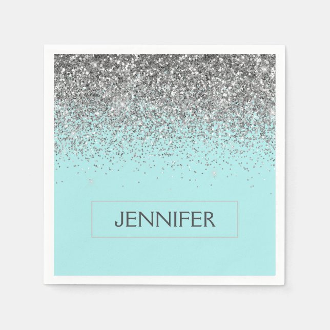 Monogram Teal Blue Silver Glam Glitter Name Napkin (Front)