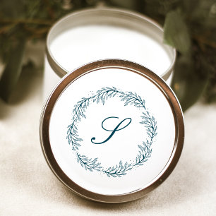 Monogram Teal Blue Wreath Classic Script Wedding Round Sticker