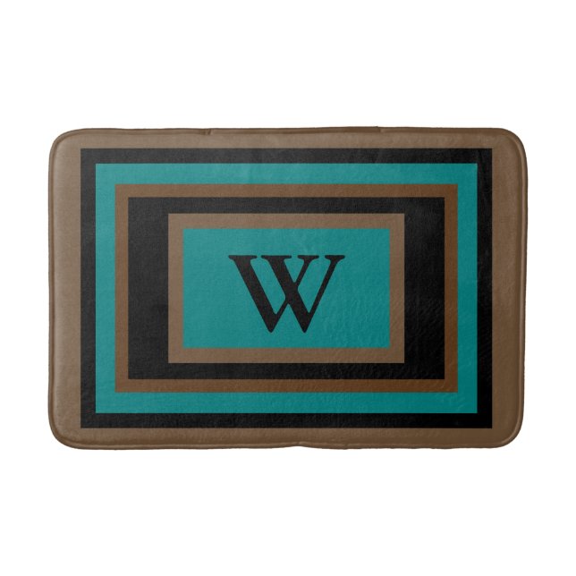 Monogram Teal Green Black Brown Geometric Bath Mat (Front)
