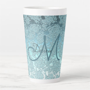 Monogram Teal Green Girly Elegant Art Floral Latte Mug