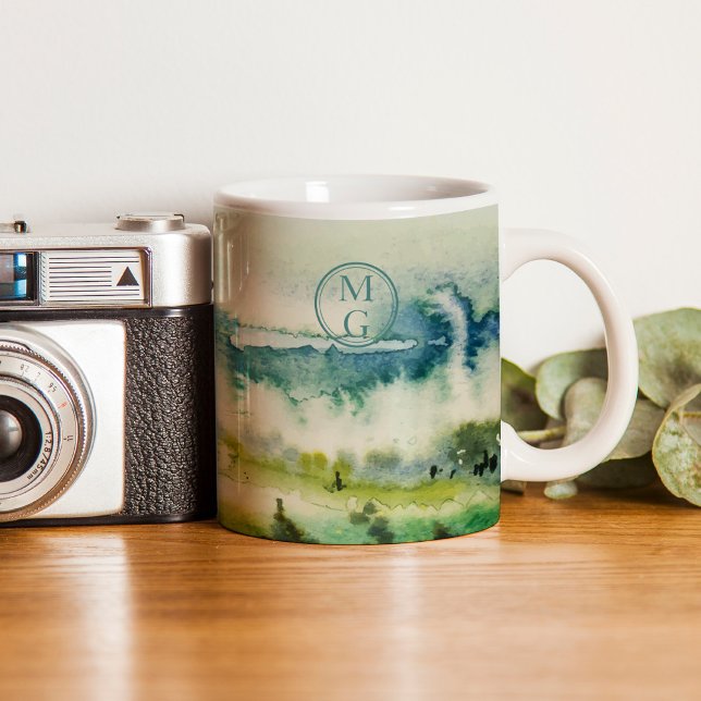 Monogram Teal Green Watercolor Coffee Mug (This design a calming soft watercolor landscape in soothing greens and blues. )