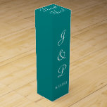 Monogram Teal Green Wedding Wine Box<br><div class="desc">Pretty teal green solid background with white text wedding wine favour boxes for your reception guests. Use for wine or champagne bottles tucked inside, or for anniversary or other special occasions. Personalise with the Bride and Groom's Monogrammed Initials and Wedding Date in elegant white script. Top of box has the...</div>