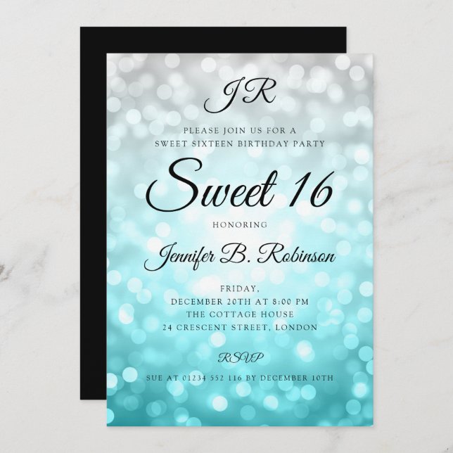 Monogram Teal Ombre Lights Sweet 16 Birthday Invitation (Front/Back)