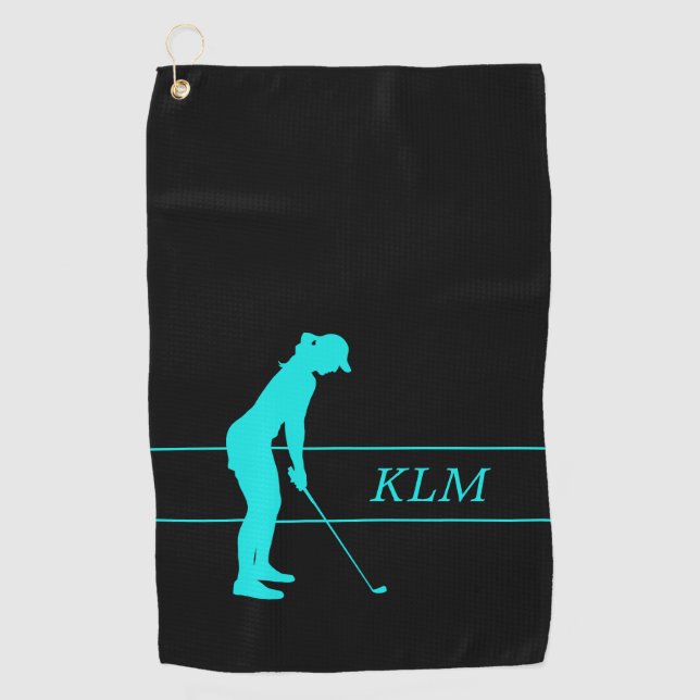 Monogram Teal on Black Woman Silhouette Golfer Golf Towel (Front)