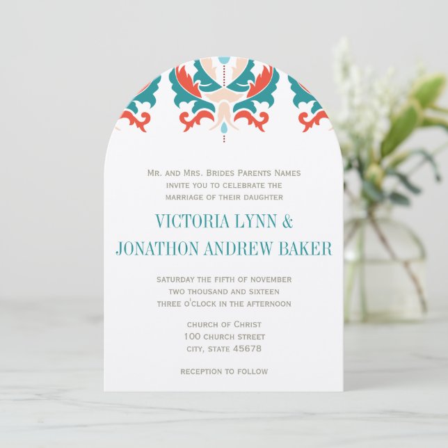 Monogram Teal Peach Red Orange Wedding Invitation (Standing Front)