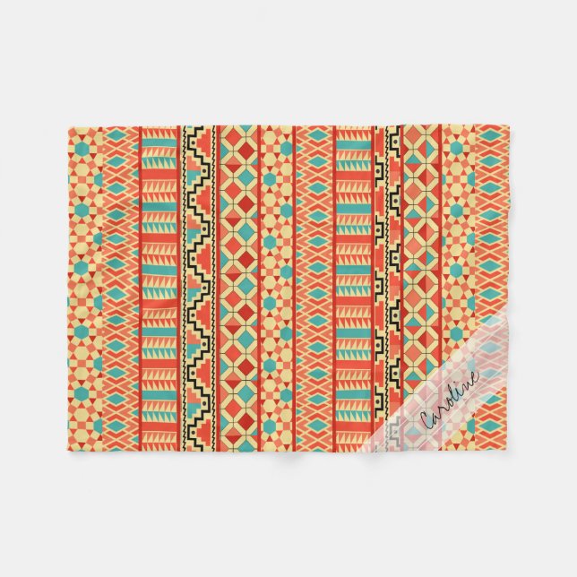 Monogram Teal Pink Abstract Tribal Print Pattern Fleece Blanket (Front (Horizontal))