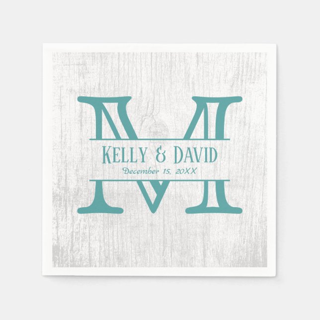 Monogram Teal Rustic Barn Wood Elegant Wedding Napkin (Front)