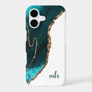 Monogram Teal Silver Glitter Agate Chic Modern
