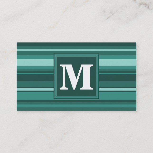 Monogram teal stripes business card (Front)
