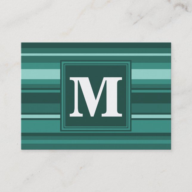 Monogram teal stripes business card (Front)