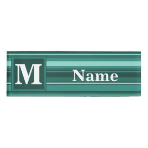 Monogram teal stripes name tag