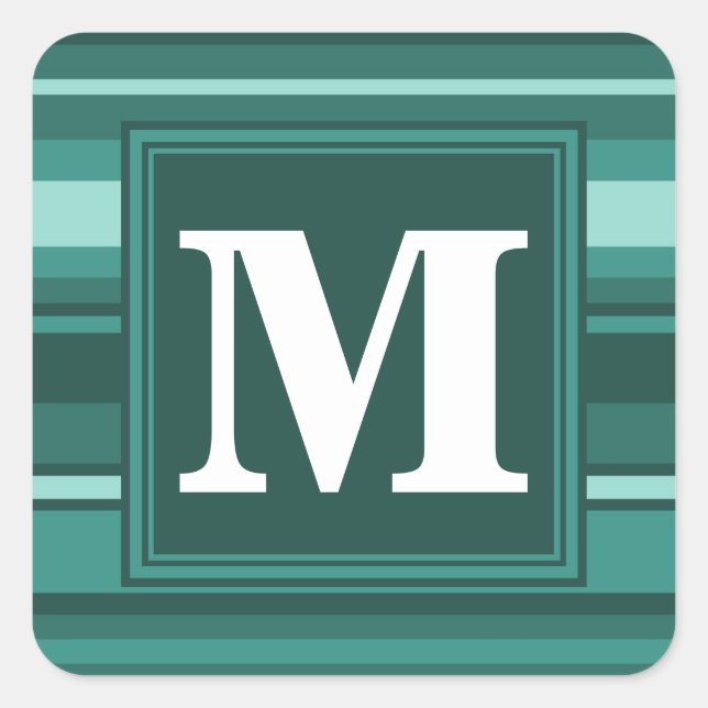Monogram teal stripes square sticker (Front)