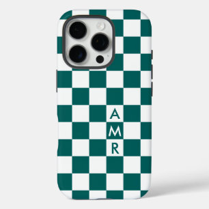 Monogram Teal White Chequered Pattern iPhone 16 Pro Case