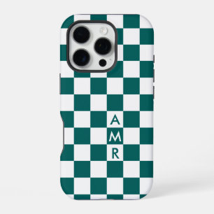Monogram Teal White Chequered Pattern iPhone 16 Pro Case
