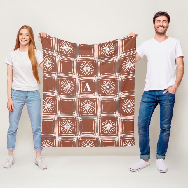 Monogram Terracotta Boho check Floral Pattern Fleece Blanket (In Situ)