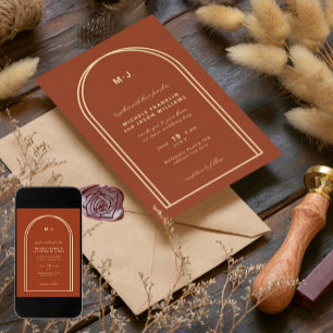 Monogram Terracotta Brown Earthy Arch Wedding Invitation