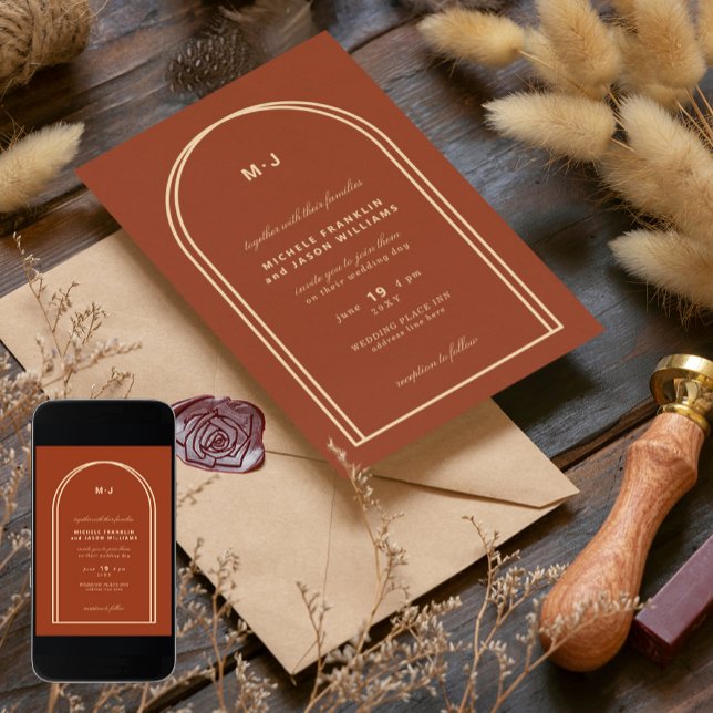 Monogram Terracotta Brown Earthy Arch Wedding Invitation (Creator Uploaded)