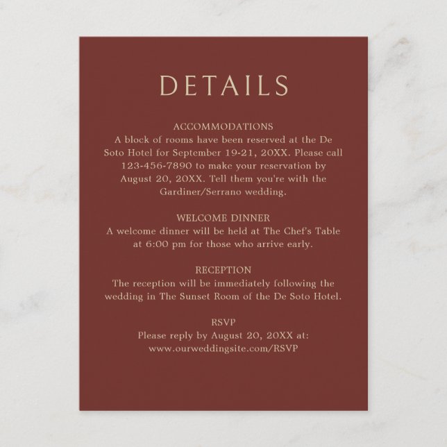 Monogram Terracotta Elegant Wedding Details Enclosure Card (Front)