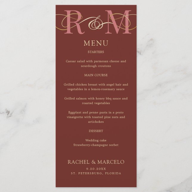 Monogram Terracotta Elegant Wedding Menu (Front)