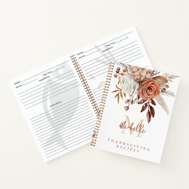 Monogram Terracotta Florals Thanksgiving Recipes Notebook (Inside)