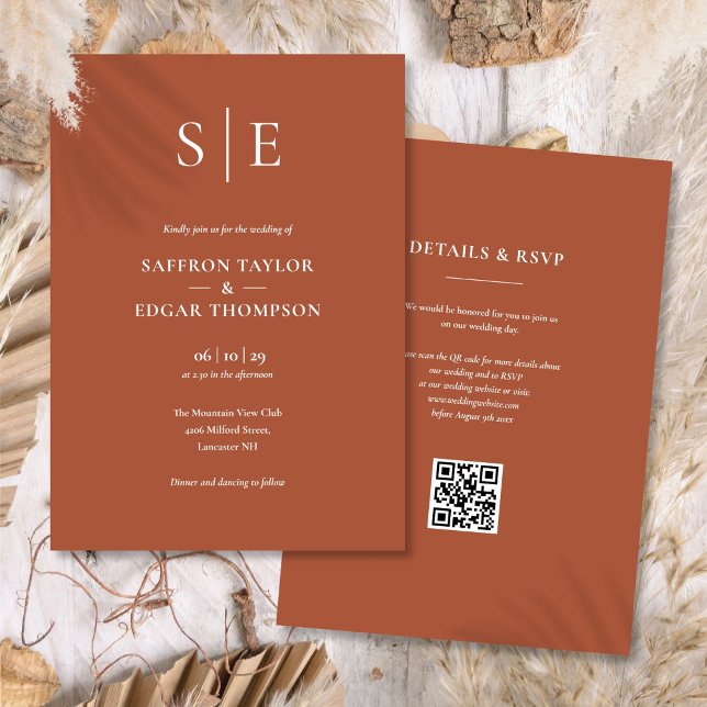 Monogram Terracotta QR Code Wedding Invitation (Monogram Terracotta QR Code Wedding Invitation)