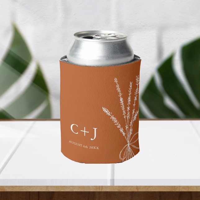 Monogram Terracotta Simple Botanical Wedding Favou Can Cooler (Creator Uploaded)