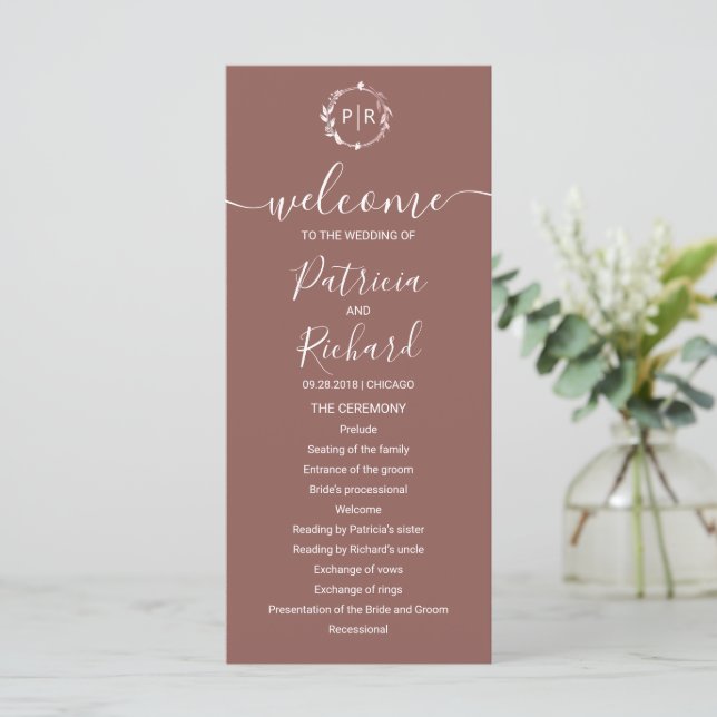 Monogram Terracotta Wedding Program Programme (Standing Front)