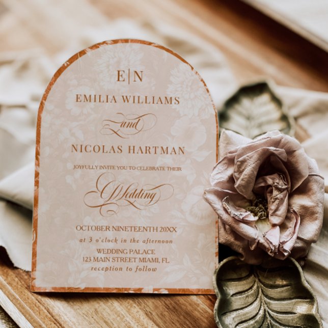 Monogram Terracotta White Floral Wedding Invitation (Creator Uploaded)