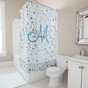 Monogram Terrazzo Blue Green Teal White Grey Retro Shower Curtain