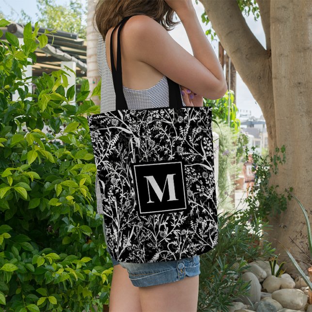 Monogram Text Floral Flower Grayscale  Tote Bag (Creator Uploaded)